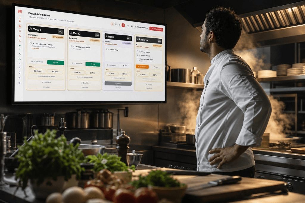 Pantalla de cocina Hazmenú en monitor del restaurante