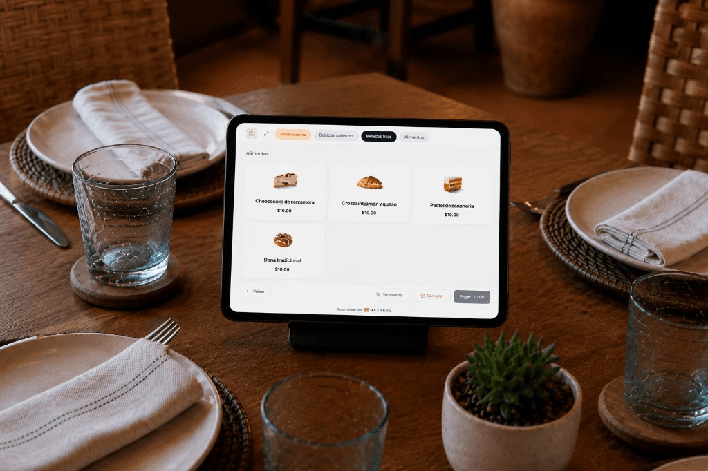Tablet en mesa con menú digital de Hazmenú