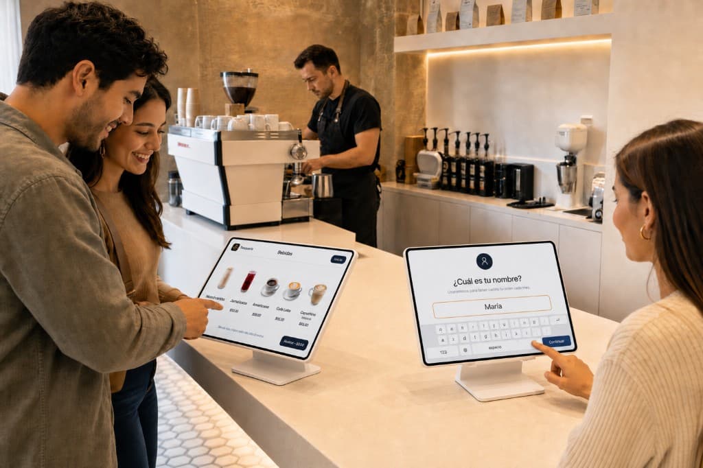 Pareja y cliente en cafetería ordenando en tabletas mientras el barista prepara café con Hazmenu